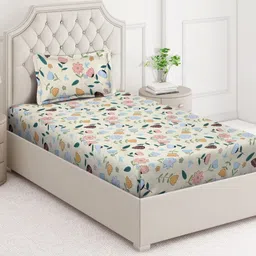 Arrabi Cream-Coloured & Green Floral 350 TC Single Bedsheet with 1 Pillow Covers-image-44
