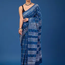 Taavi Ethnic Motifs Block Printed Cotton Dabu Saree With Unstitched Blouse-image-90