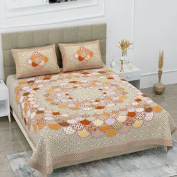 Aura Beige & Red Ethnic Motifs 144 TC Queen Bedsheet with 2 Pillow Covers-12