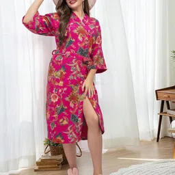 HotGown Pink & Blue Floral Printed Pure Cotton Bath Robe-30