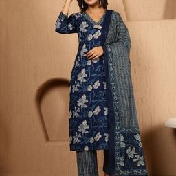 antaran Women Floral Printed Regular Pure Cotton Kurta with Trousers & With Dupatta-image-49
