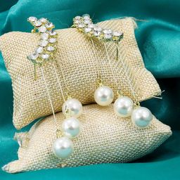 KRENOZ Stainless Steel Gold Plated American Diamond Studded Contemporary Drop Earrings-image-5