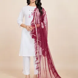 House of Pataudi Geometric Embroidered Frill-Detail Net Dupatta With Sequinned-0
