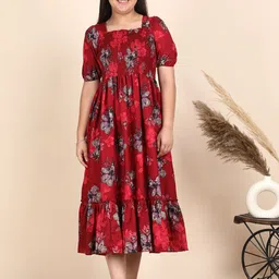 STARWORD Women Floral Print Puff Sleeve Crepe Fit & Flare Midi Dress-image-80