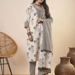FASHOR Women Ethnic Motifs Printed Regular Pure Cotton Kurta with Trousers & With Dupatta-image-90