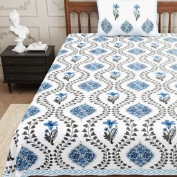 Urban Jaipur White & Blue Floral 210 TC Single Bedsheet with 1 Pillow Covers-image-84