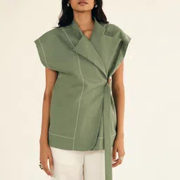 Shop Staple Lightweight Crop Tailored Linen Jacket with Embroidered-image-21