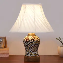 Aura Off White Traditional Frustum Shaped Wooden & Mosaic Glass Table Lamp-9