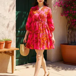 ZUMMER Women Floral Printed Puff Sleeve Cotton Wrap Mini Dress-picture-19