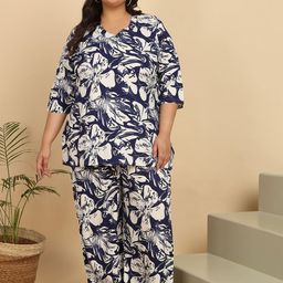 ISHQY Plus Size Floral Printed Pure Cotton Top With Palazzo Co-Ords-image-33