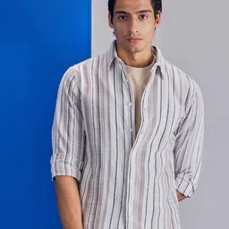 UNSTD Men Relaxed Fit Vertical Striped Spread Collar Cotton Casual Shirt-image-7