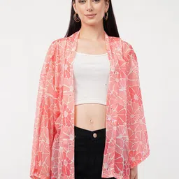 FLY STITCH Floral Printed Longline Chiffon Open Front Shrug-image-93