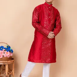 NFC CREATION Boys Embroidered Regular Sequinned Dupion Silk Kurta with Pyjamas image 3