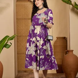 Sangria Women Floral Printed Pure Cotton Fit & Flare Midi Dress-picture-6