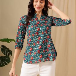 HERE&NOW Women Cotton Floral Printed Mandarin Collar Top-picture-42