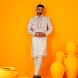 SOJANYA LUXE Men Embroidered Regular Mirror Work Pure Silk Kurta with Trousers-picture-3