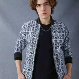 VOLTEDGE Men Stand Collar Conversational Printed Cotton Casual Lightweight Bomber Jacket-54