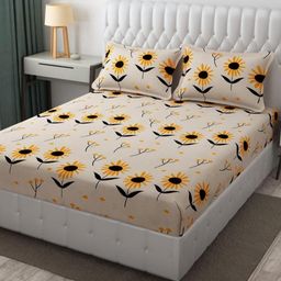 TINDLER KNOTS Cream-Coloured Floral 330 TC King Bedsheet with 2 Pillow Covers-image-85