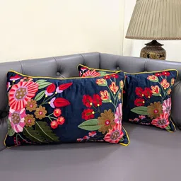 Good Vibes Navy Blue & Green 2 Pieces Embroidered Rectangle Cushion Covers-picture-37