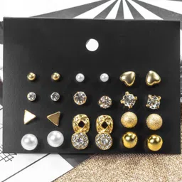 Celestique Set Of 12 Gold-Plated Artificial Stones Studded Contemporary Shaped Studs-15