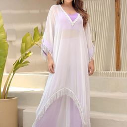 LABEL ADITI HUNDIA V-Neck Fringe Kaftan & Palazzo Co-Ord Set-image-4