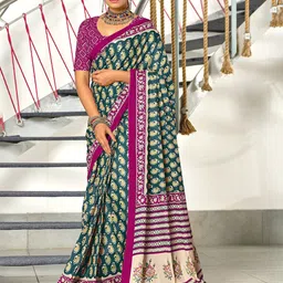 KALINI Floral Block Printed 1-Minute Ready to Wear Mulmul Cotton Saree With Blouse-picture-42