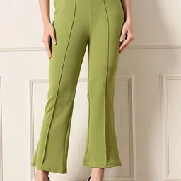 OWL MINK Women Cotton Slim Fit Mid-Rise Bootcut Trousers-image-57