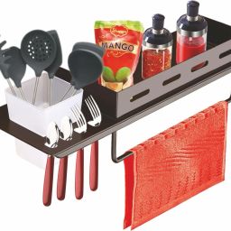 Heavy Duty 3 in1 Shelf (Brown) / Towel Holder / Tumbler Holder (15X5 Inch) Steel Wall Shelf-image-64