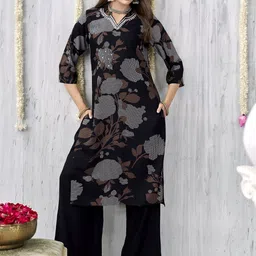 Anouk Floral Printed V-Neck Thread Work Straight Kurta With Palazzo-picture-3