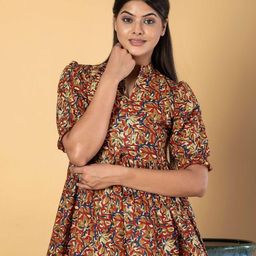 KALINI Print Mandarin Collar Puff Sleeve Cotton Peplum Top-image-81
