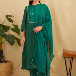 zuri Floral Embroidered Regular Satin Straight Kurta With Trouser & Dupatta-image-43