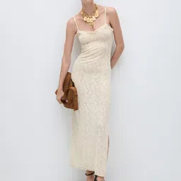 MANGO Open-Knit Slit Detail Sheath Midi Dress-image-83
