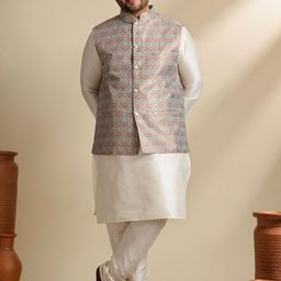 SOJANYA PLUS Mandarin Collar Straight Kurta & Pyjama With Nehru jacket-image-3