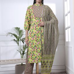 Yufta Floral Printed Mandarin Collar Pure Cotton Kurta With Trousers & Dupatta-picture-14