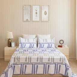 HOMEMONDE White & Blue Printed Cotton 210 TC King Bedsheet Set 2.74m x 2.74m-image-75