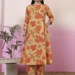Yufta Women Floral Printed Sequinned Linen Kurta Set-picture-1