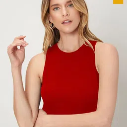 KERI PERRY Rd & Mustard Lycra Sleeveless Round Neck Stretchable fit Crop Top-image-63