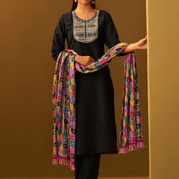 DRESOUL Yoke Design Round Neck Thread Work Straight Kurta With Trousers & Dupatta-picture-19
