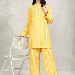 Vishudh Yellow Striped Band Collar Long Sleeves Top With Palazzo-picture-57