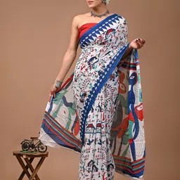 PALLO LATKE Kalamkari Pure Cotton Warli Print Saree-image-61