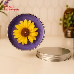 Yellow Sunflower with Purple Base in Silver Tin Candle-image-66