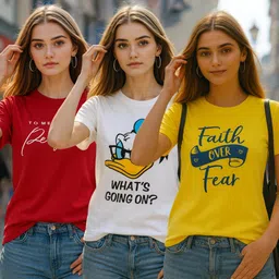 fabflee Pack of 3 Women Solid Round Neck Cotton Blend Multicolor T-Shirt-picture-28