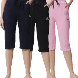 SwellSwag Women's Navy_Black_Pink Cotton Plain Capri Pack of 3 Women Multicolor Capri-image-5