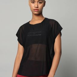 Women Typography Crew Neck Nylon Black T-Shirt-image-82