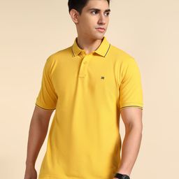 raymond Men Solid Polo Neck Pure Cotton Yellow T-Shirt-picture-7