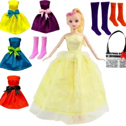 Cute Face Doll with Yellow Frock, 4 Doll Dresses, 3 Pair Doll Socks and 1 Bag-image-69