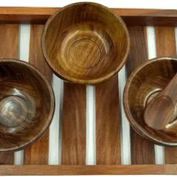 SHEESHAM WOODEN TRAY WITH 3 WOODEN HANDICRAFT BOWLS AND WOODEN SPOON Tray Serving Set-picture-18
