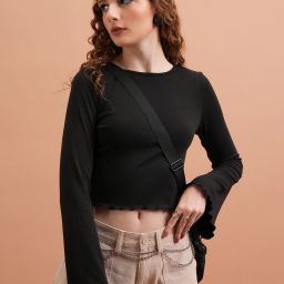 Casual Flared Sleeves Solid Women Black Top-image-34