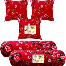 Combo Set Of 3 Cushion And 2 Microfibre Floral Bolster Pack of 5-image-68