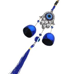 Blue Evil Eye Hamsa Hand Wind Chime with Dual Metal Bells – Hanging Aluminium Windchime-13